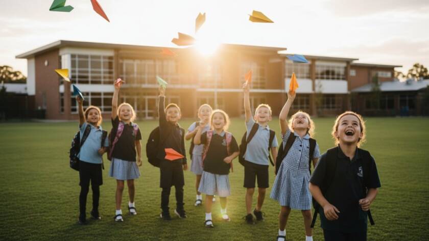 An inspiring and vibrant photograph capturing genuine smiles during Clayton school photography, showing a group of diverse students joyfully interacting outside their modern school building in Clayton, Victoria, bathed in golden hour sunlight, signifying community and growth.