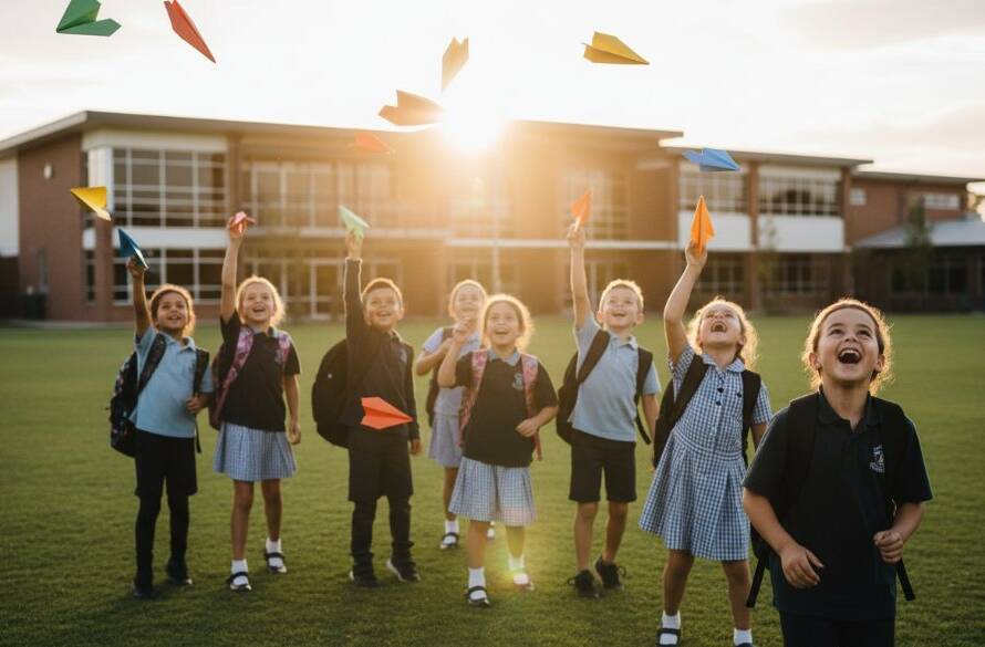 An inspiring and vibrant photograph capturing genuine smiles during Clayton school photography, showing a group of diverse students joyfully interacting outside their modern school building in Clayton, Victoria, bathed in golden hour sunlight, signifying community and growth.