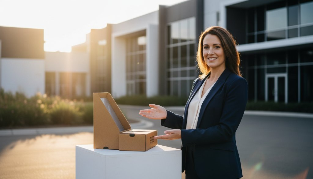Dramatic wide shot of a local business owner proudly showcasing their innovative product with expert Clayton South advertising photography that converts, set against a modern industrial backdrop in Clayton South, illuminated by cinematic golden hour light, capturing an epic moment of brand success.