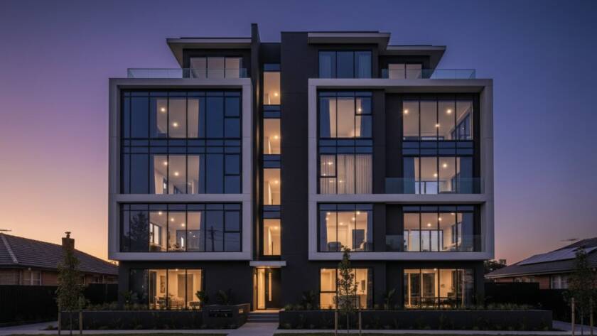An epic moment captured in Clayton South, showcasing the dramatic, modern angles of a new residential development under a moody, twilight sky. The image highlights the clean lines and reflective surfaces of the building, with a subtle glow from interior lights, embodying Clayton South architectural photography expertise.