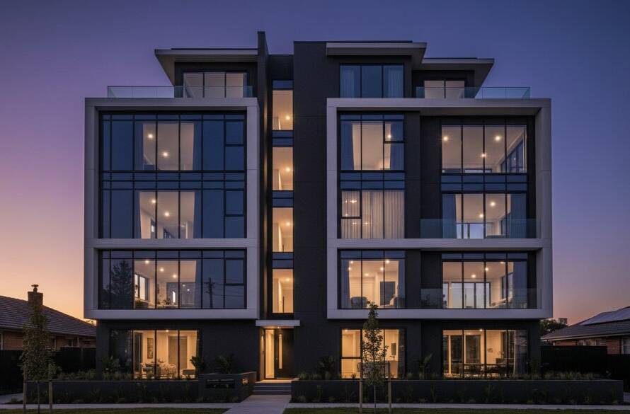 An epic moment captured in Clayton South, showcasing the dramatic, modern angles of a new residential development under a moody, twilight sky. The image highlights the clean lines and reflective surfaces of the building, with a subtle glow from interior lights, embodying Clayton South architectural photography expertise.