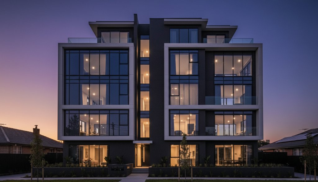 An epic moment captured in Clayton South, showcasing the dramatic, modern angles of a new residential development under a moody, twilight sky. The image highlights the clean lines and reflective surfaces of the building, with a subtle glow from interior lights, embodying Clayton South architectural photography expertise.