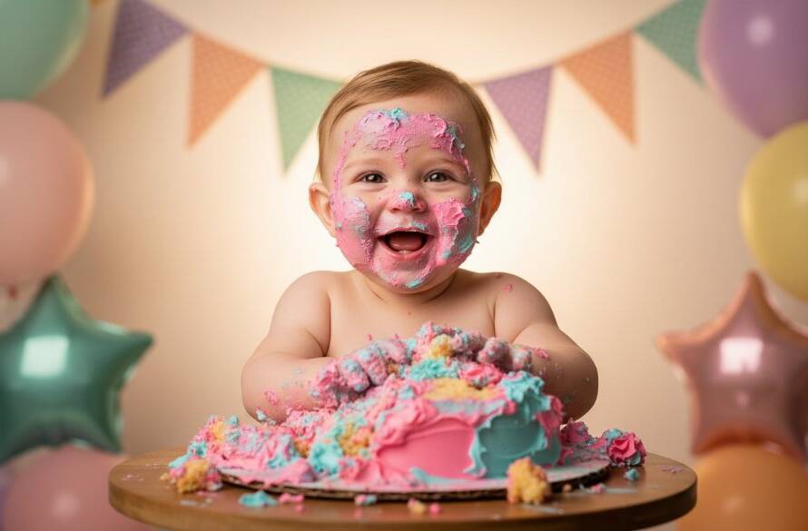A vibrant and joy-filled 'epic moment' photograph capturing a baby gleefully smashing a colourful cake during a Clayton South colourful first birthday cake smash photography session, with frosting smeared on their face and hands, set against a beautifully decorated backdrop with soft, dramatic lighting.