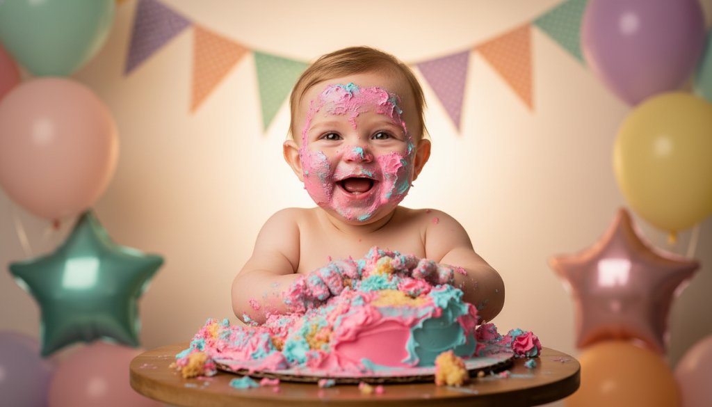 A vibrant and joy-filled 'epic moment' photograph capturing a baby gleefully smashing a colourful cake during a Clayton South colourful first birthday cake smash photography session, with frosting smeared on their face and hands, set against a beautifully decorated backdrop with soft, dramatic lighting.