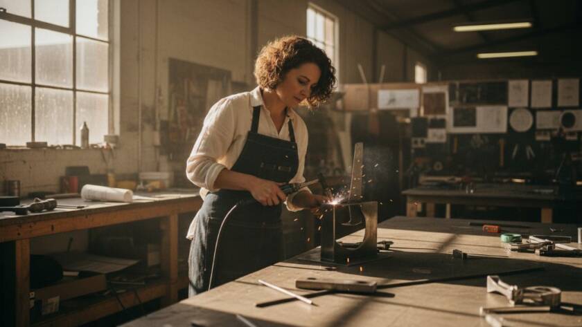 Dramatic wide shot capturing an expert Clayton South Editorial Photography for Local Business Narratives session, with a local artisan passionately explaining their craft in a sunlit workshop, showcasing a vibrant moment of collaboration and creativity.
