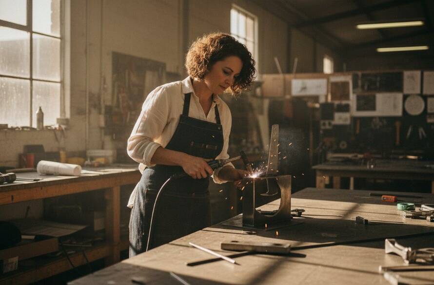 Dramatic wide shot capturing an expert Clayton South Editorial Photography for Local Business Narratives session, with a local artisan passionately explaining their craft in a sunlit workshop, showcasing a vibrant moment of collaboration and creativity.