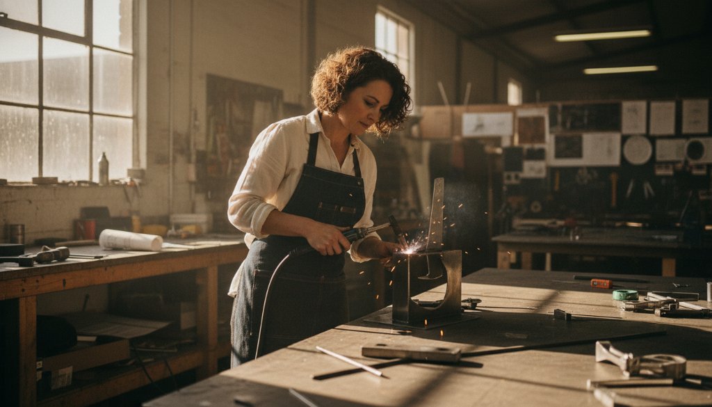 Dramatic wide shot capturing an expert Clayton South Editorial Photography for Local Business Narratives session, with a local artisan passionately explaining their craft in a sunlit workshop, showcasing a vibrant moment of collaboration and creativity.