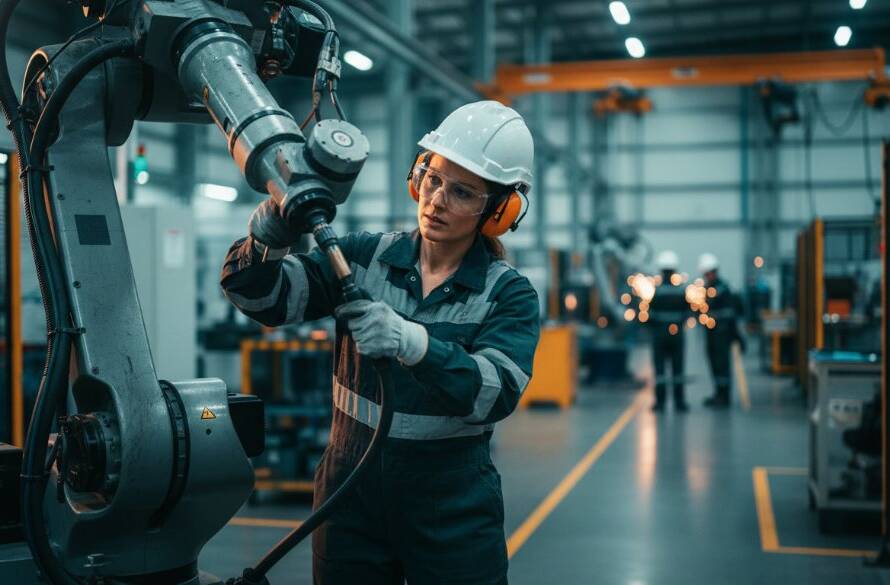 Dynamic wide-angle shot showcasing the intricate machinery and skilled workers within a modern manufacturing facility in Clayton South, Victoria, highlighting our industrial photography expertise with dramatic lighting and professional colour grading.