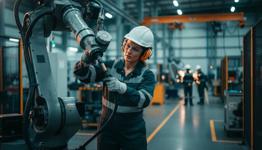 Dynamic wide-angle shot showcasing the intricate machinery and skilled workers within a modern manufacturing facility in Clayton South, Victoria, highlighting our industrial photography expertise with dramatic lighting and professional colour grading.