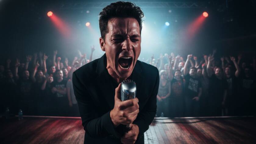 Dramatic shot of a lead guitarist mid-solo on stage at a Clayton South venue, bathed in vibrant stage lights, capturing the raw energy and passion of a live band performance, showcasing exceptional Clayton South live band photography captures raw energy.