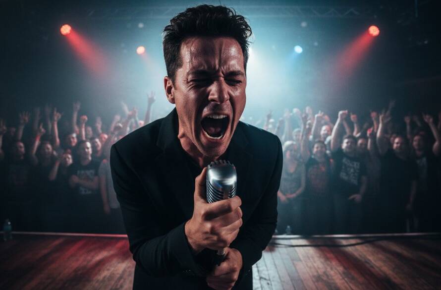 Dramatic shot of a lead guitarist mid-solo on stage at a Clayton South venue, bathed in vibrant stage lights, capturing the raw energy and passion of a live band performance, showcasing exceptional Clayton South live band photography captures raw energy.