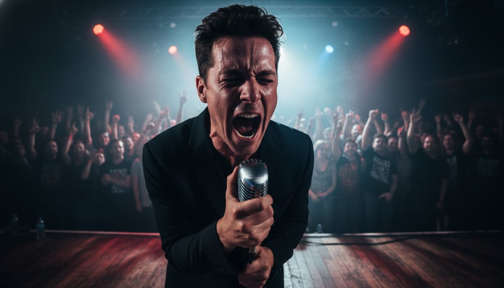 Dramatic shot of a lead guitarist mid-solo on stage at a Clayton South venue, bathed in vibrant stage lights, capturing the raw energy and passion of a live band performance, showcasing exceptional Clayton South live band photography captures raw energy.