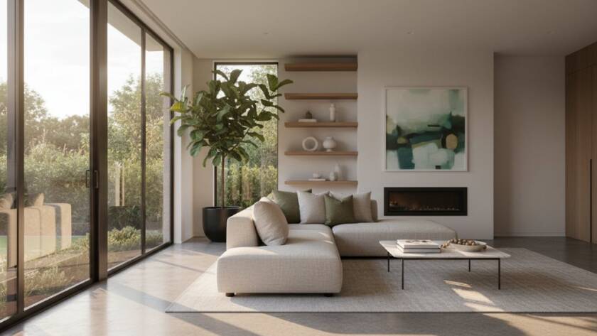 An epic moment capture of a modern, sun-drenched living room in a Clayton South property, expertly showcasing how Clayton South real estate photography elevates property listings, with dramatic natural light pouring through large windows, highlighting stylish interior design and a sense of spaciousness, shot with professional wide-angle lens and cinematic colour grading.