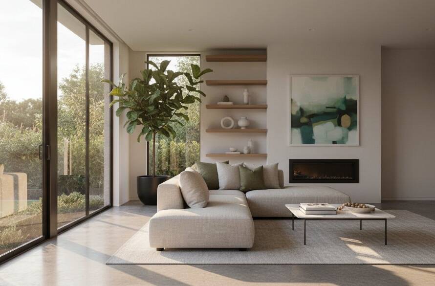 An epic moment capture of a modern, sun-drenched living room in a Clayton South property, expertly showcasing how Clayton South real estate photography elevates property listings, with dramatic natural light pouring through large windows, highlighting stylish interior design and a sense of spaciousness, shot with professional wide-angle lens and cinematic colour grading.