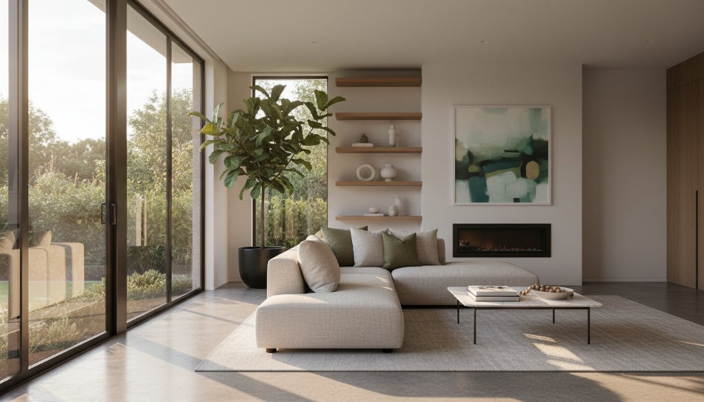 An epic moment capture of a modern, sun-drenched living room in a Clayton South property, expertly showcasing how Clayton South real estate photography elevates property listings, with dramatic natural light pouring through large windows, highlighting stylish interior design and a sense of spaciousness, shot with professional wide-angle lens and cinematic colour grading.