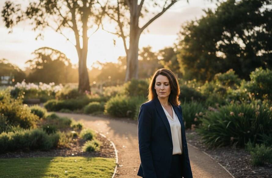 A stunning, dramatically lit fine art portrait of an individual standing gracefully amidst the lush, historic gardens near Namatjira Park in Clayton, Victoria, captured with professional colour grading, embodying the unique storytelling of Clayton Victoria fine art photography unique portraits.