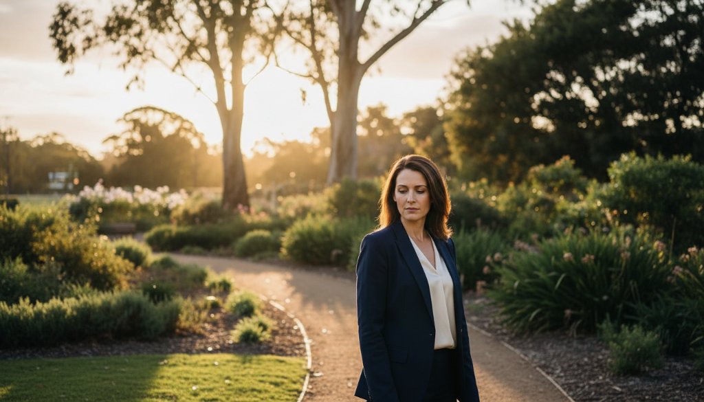A stunning, dramatically lit fine art portrait of an individual standing gracefully amidst the lush, historic gardens near Namatjira Park in Clayton, Victoria, captured with professional colour grading, embodying the unique storytelling of Clayton Victoria fine art photography unique portraits.