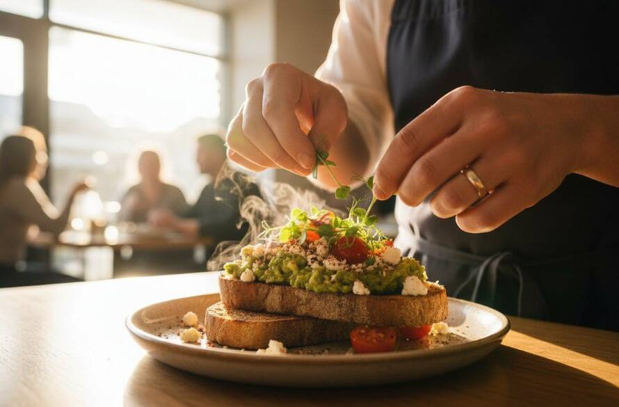 An epic shot of a beautifully plated, steaming hot dish in a bustling Clayton cafe, showcasing professional Clayton Victoria food photography for vibrant menus with dramatic backlighting.