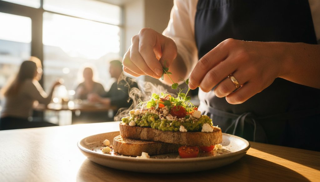 An epic shot of a beautifully plated, steaming hot dish in a bustling Clayton cafe, showcasing professional Clayton Victoria food photography for vibrant menus with dramatic backlighting.