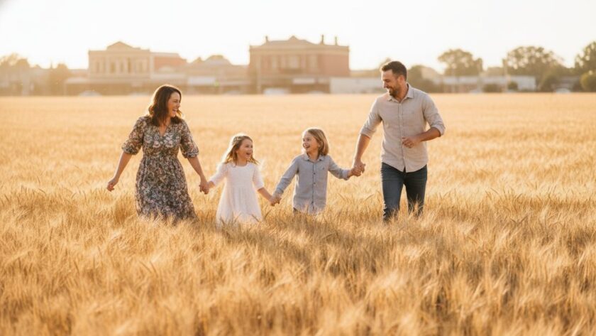 A Clunes candid family photographer capturing genuine moments as parents embrace their laughing children under the golden afternoon light near the historic Clunes streetscape, evoking joy and warmth.