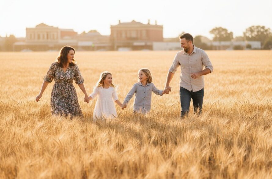 A Clunes candid family photographer capturing genuine moments as parents embrace their laughing children under the golden afternoon light near the historic Clunes streetscape, evoking joy and warmth.