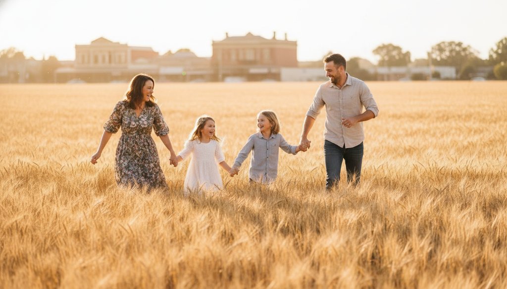 A Clunes candid family photographer capturing genuine moments as parents embrace their laughing children under the golden afternoon light near the historic Clunes streetscape, evoking joy and warmth.