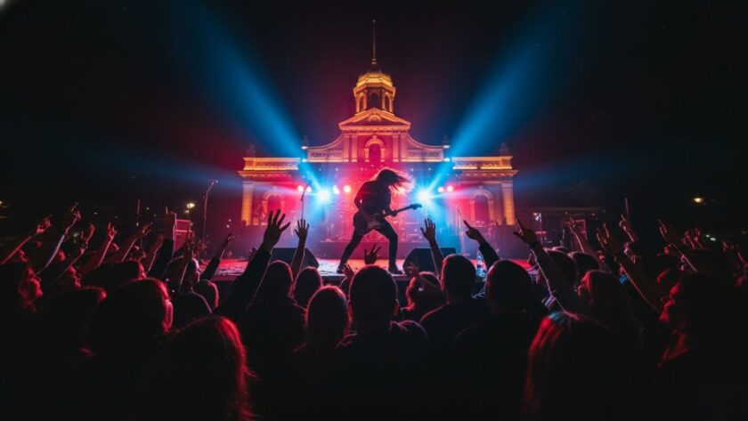 A wide-angle, dramatic shot capturing the Clunes concert photography vibrant energy, with a lead guitarist mid-shred under intense red and blue stage lights, a euphoric crowd with hands raised, and the historic Clunes Town Hall exterior subtly illuminated in the background, all professionally colour-graded.