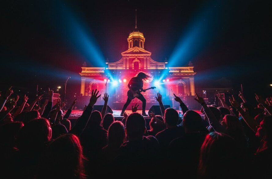 A wide-angle, dramatic shot capturing the Clunes concert photography vibrant energy, with a lead guitarist mid-shred under intense red and blue stage lights, a euphoric crowd with hands raised, and the historic Clunes Town Hall exterior subtly illuminated in the background, all professionally colour-graded.