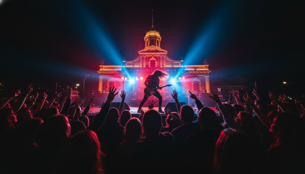 A wide-angle, dramatic shot capturing the Clunes concert photography vibrant energy, with a lead guitarist mid-shred under intense red and blue stage lights, a euphoric crowd with hands raised, and the historic Clunes Town Hall exterior subtly illuminated in the background, all professionally colour-graded.
