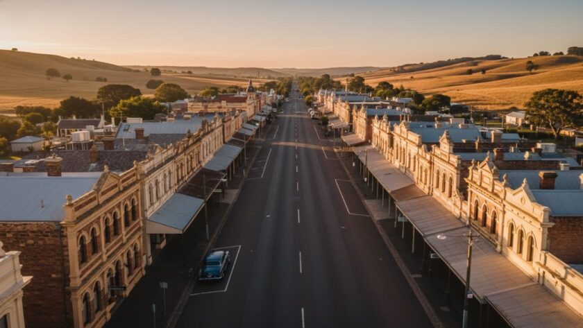 An epic aerial perspective showcasing the stunning Clunes drone photography heritage architecture, capturing the grand Victorian-era main street at golden hour with dramatic shadows and warm light.