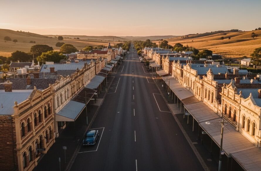 An epic aerial perspective showcasing the stunning Clunes drone photography heritage architecture, capturing the grand Victorian-era main street at golden hour with dramatic shadows and warm light.