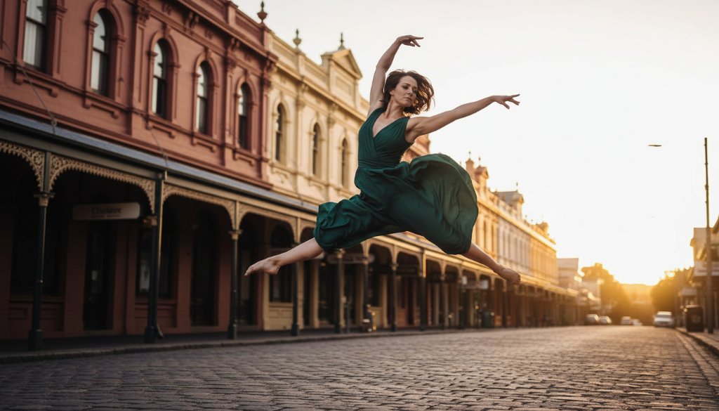 A ballet dancer in a stunning red costume performing an elegant leap mid-air, silhouetted against the iconic, golden-hued historic architecture of Clunes, Victoria, Australia, showcasing Clunes Heritage Dance Photography Victoria with dramatic light and shadow.