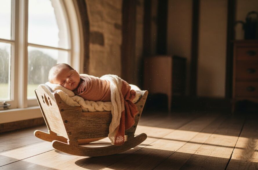 A serene close-up of a newborn baby, softly wrapped, sleeping peacefully in a rustic wooden basket, bathed in warm, ethereal natural light from a large window in a Clunes cottage, embodying Clunes natural light newborn photography with a timeless, artistic feel.