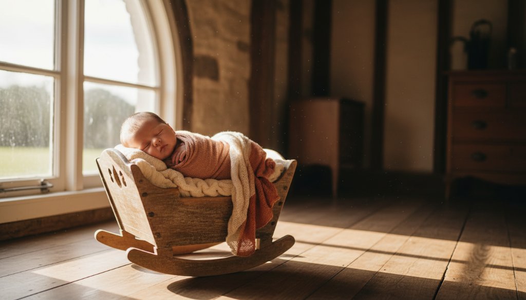 A serene close-up of a newborn baby, softly wrapped, sleeping peacefully in a rustic wooden basket, bathed in warm, ethereal natural light from a large window in a Clunes cottage, embodying Clunes natural light newborn photography with a timeless, artistic feel.