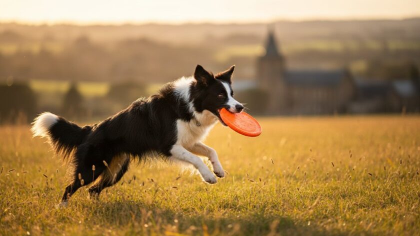 An epic moment captured: A golden retriever joyfully bounding through a sun-dappled field near Clunes, its fur glowing in the dramatic late afternoon light, a perfect representation of Clunes pet photography capturing joyful furry friends.