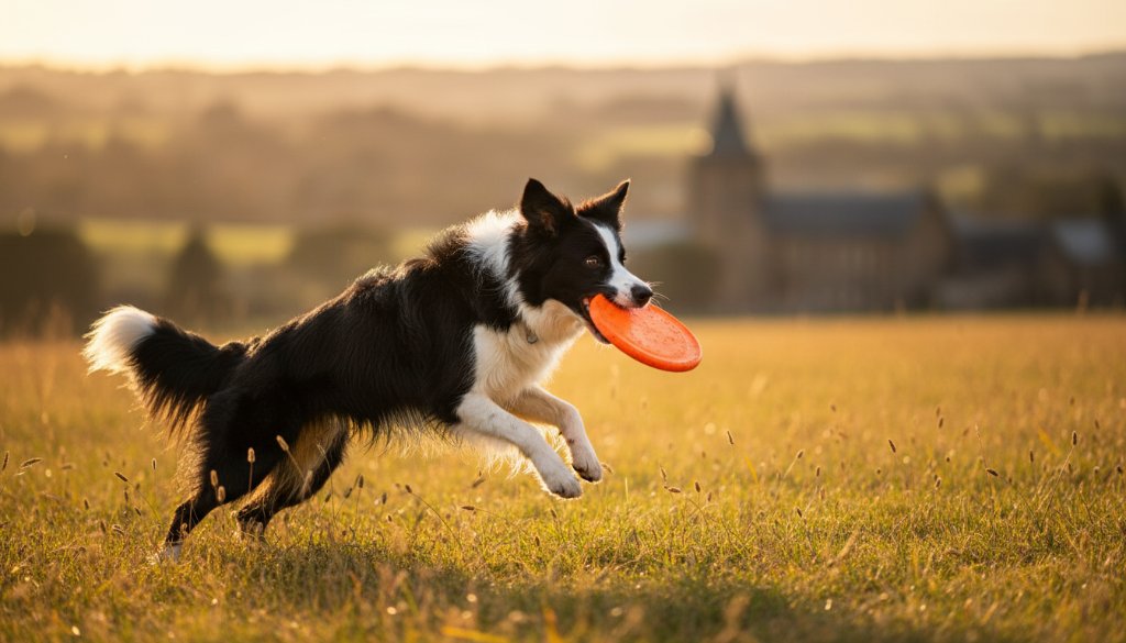 An epic moment captured: A golden retriever joyfully bounding through a sun-dappled field near Clunes, its fur glowing in the dramatic late afternoon light, a perfect representation of Clunes pet photography capturing joyful furry friends.