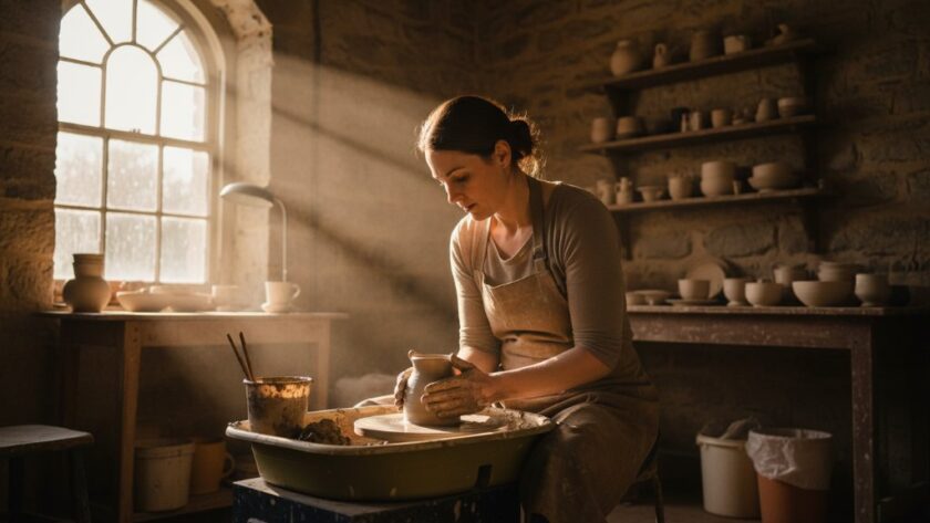 Dramatic wide shot of a local artisan in Clunes, Victoria, showcasing their craft with intense focus, bathed in golden hour light, embodying Clunes Victoria advertising photography storytelling.