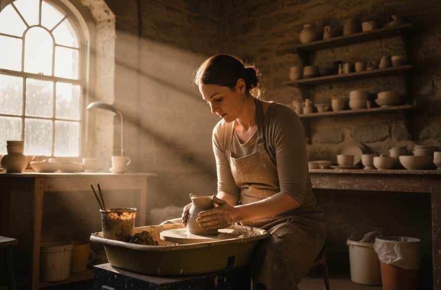 Dramatic wide shot of a local artisan in Clunes, Victoria, showcasing their craft with intense focus, bathed in golden hour light, embodying Clunes Victoria advertising photography storytelling.