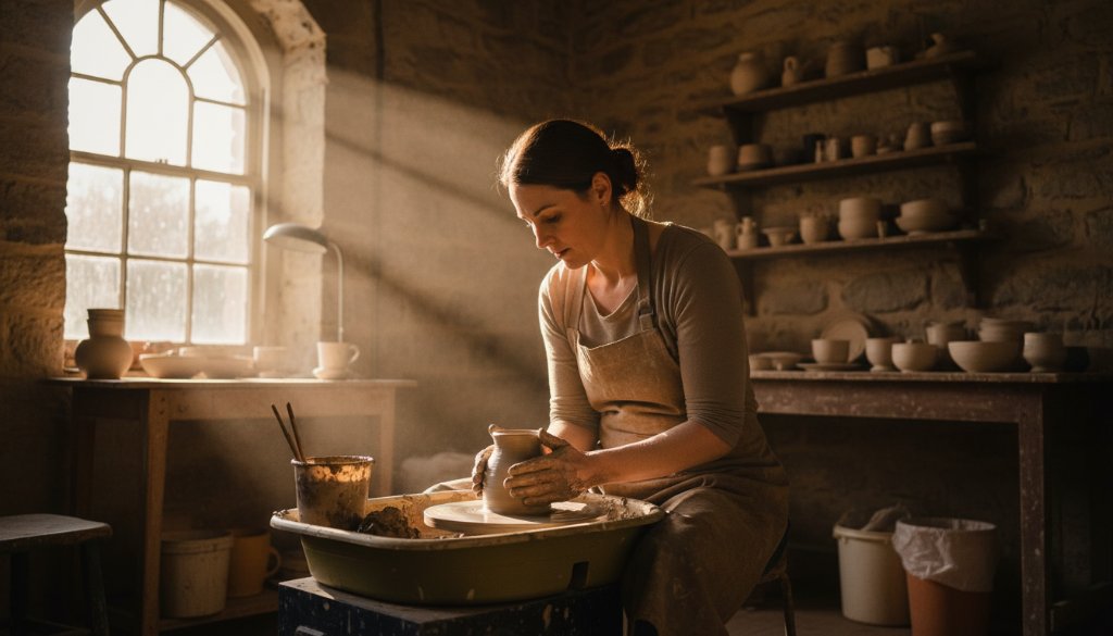 Dramatic wide shot of a local artisan in Clunes, Victoria, showcasing their craft with intense focus, bathed in golden hour light, embodying Clunes Victoria advertising photography storytelling.