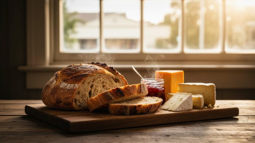 Dramatic close-up of a beautifully styled platter of freshly baked sourdough bread and local cheeses from Clunes, Victoria, illuminated by warm, directional light inside a charming heritage cafe, highlighting the exquisite textures and colours, embodying expert Clunes Victoria artisan food photography.