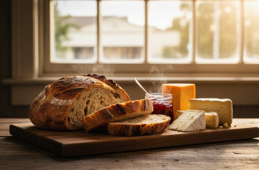Dramatic close-up of a beautifully styled platter of freshly baked sourdough bread and local cheeses from Clunes, Victoria, illuminated by warm, directional light inside a charming heritage cafe, highlighting the exquisite textures and colours, embodying expert Clunes Victoria artisan food photography.