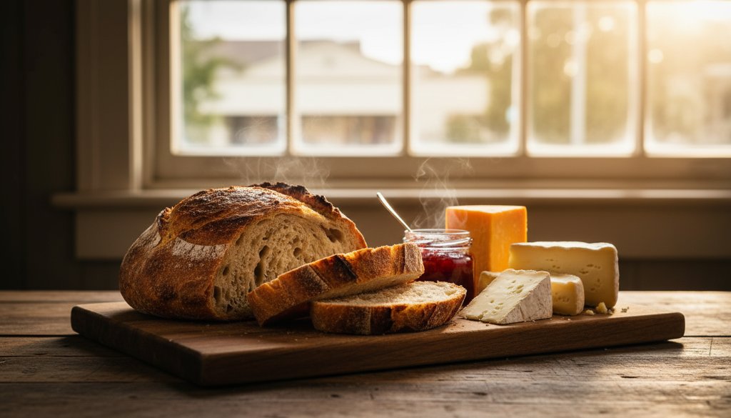 Dramatic close-up of a beautifully styled platter of freshly baked sourdough bread and local cheeses from Clunes, Victoria, illuminated by warm, directional light inside a charming heritage cafe, highlighting the exquisite textures and colours, embodying expert Clunes Victoria artisan food photography.