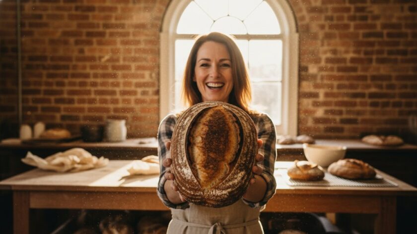 An authentic Clunes Victoria brand story photography scene: A local artisan, mid-action, proudly showcasing their handcrafted product in their beautifully rustic workshop, illuminated by warm, golden natural light streaming through a large window, with historic Clunes architecture subtly blurred in the background, creating an 'epic moment' of dedication and craftsmanship.
