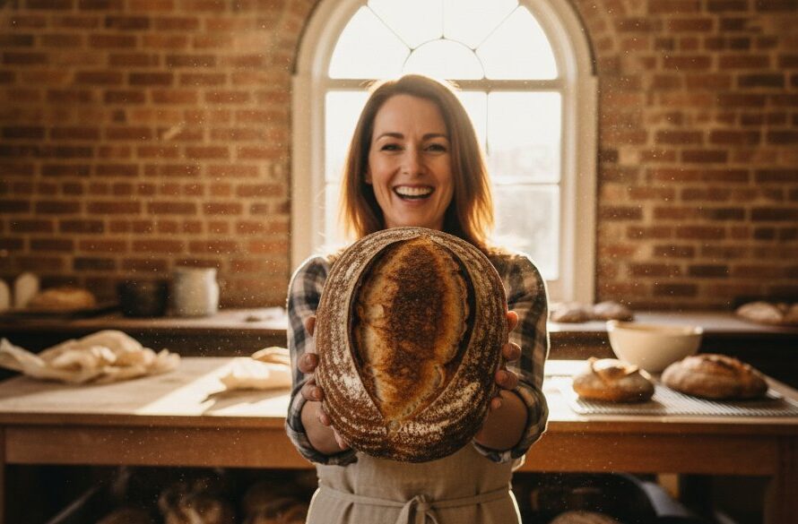 An authentic Clunes Victoria brand story photography scene: A local artisan, mid-action, proudly showcasing their handcrafted product in their beautifully rustic workshop, illuminated by warm, golden natural light streaming through a large window, with historic Clunes architecture subtly blurred in the background, creating an 'epic moment' of dedication and craftsmanship.