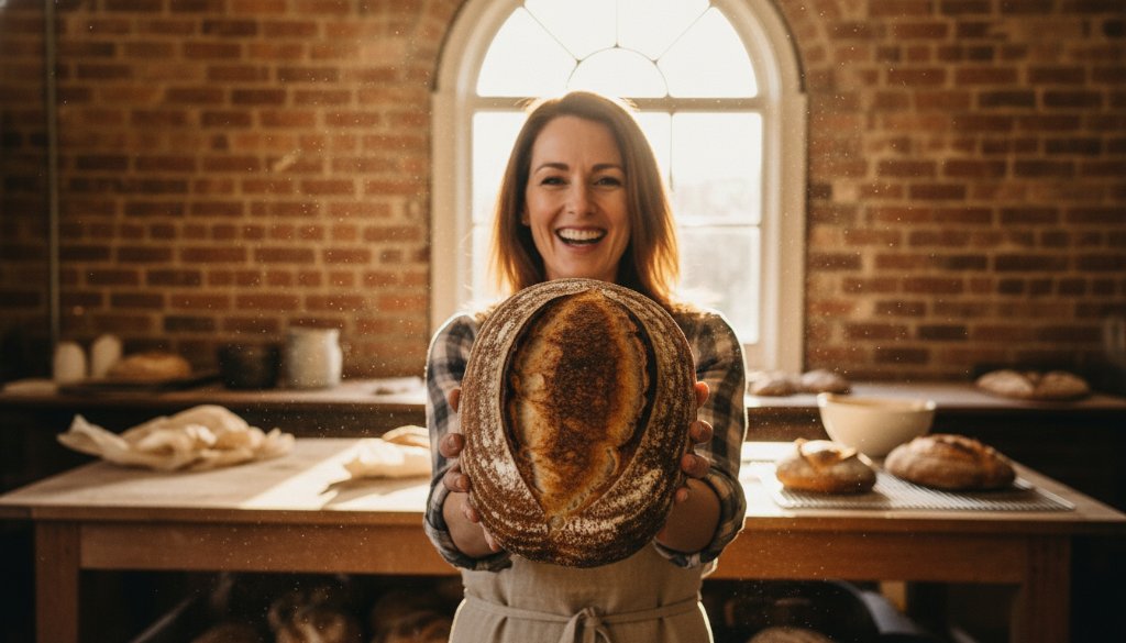 An authentic Clunes Victoria brand story photography scene: A local artisan, mid-action, proudly showcasing their handcrafted product in their beautifully rustic workshop, illuminated by warm, golden natural light streaming through a large window, with historic Clunes architecture subtly blurred in the background, creating an 'epic moment' of dedication and craftsmanship.