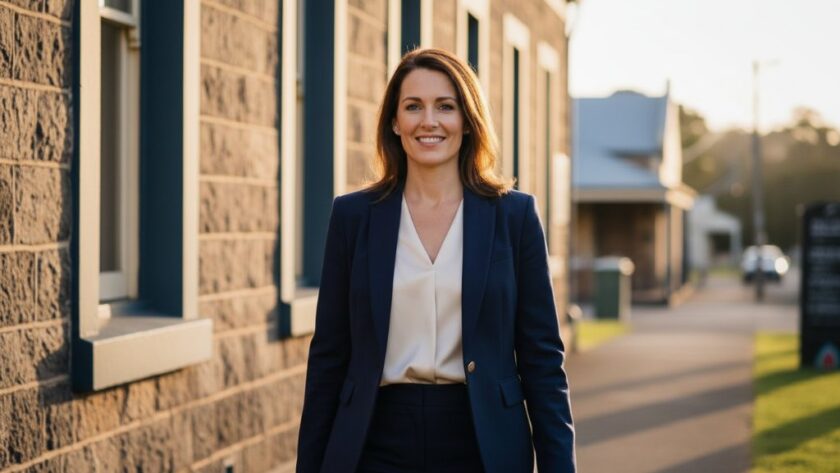 A powerful, cinematic close-up of a smiling business professional, bathed in golden hour light within a historic Clunes, Victoria, streetscape, conveying a strong Clunes Victoria corporate headshots professional impact.
