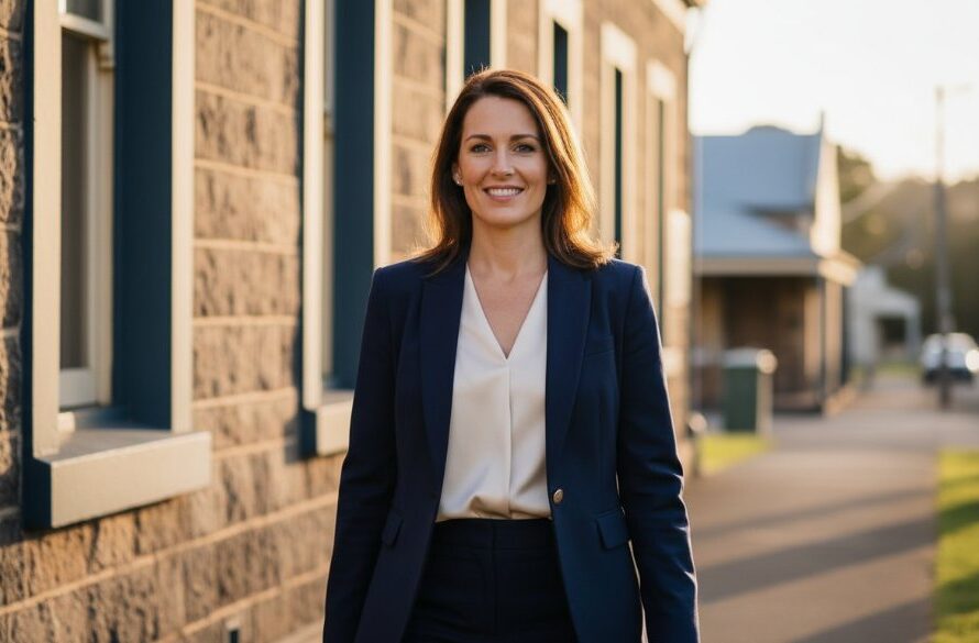 A powerful, cinematic close-up of a smiling business professional, bathed in golden hour light within a historic Clunes, Victoria, streetscape, conveying a strong Clunes Victoria corporate headshots professional impact.