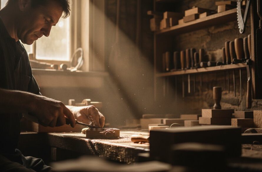 An 'epic moment' photograph showcasing a local artisan in Clunes Victoria, deeply engrossed in their craft, highlighted by dramatic natural light, embodying the essence of Clunes Victoria editorial photography capturing local narratives.