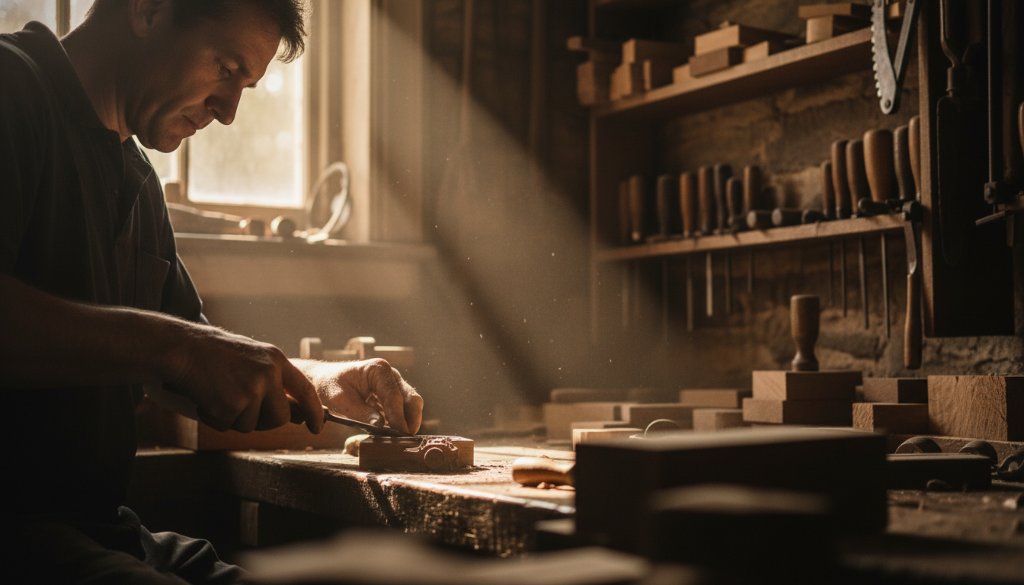 An 'epic moment' photograph showcasing a local artisan in Clunes Victoria, deeply engrossed in their craft, highlighted by dramatic natural light, embodying the essence of Clunes Victoria editorial photography capturing local narratives.