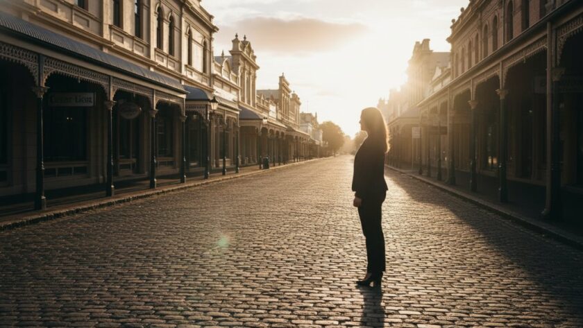 A dramatic and emotionally resonant Clunes Victoria fine art photography portraits shot featuring a subject silhouetted against the golden hour light, framed by Clunes' historic streetscape, evoking a sense of timeless beauty and contemplative elegance.
